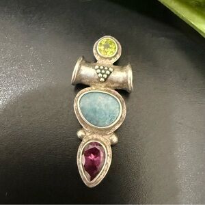 Handcrafted Sterling Silver 3-Stone Peridot Larimar & Amethyst Pendant 6g.